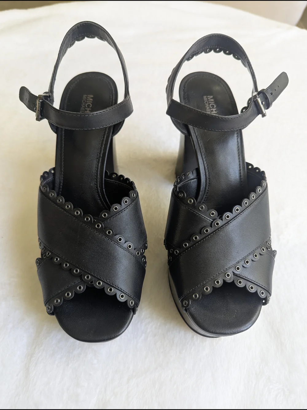 Michael Kors Jessie Black Leather Scalloped Grommet Platform Sandals